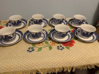 Set Of 8 Royal Cuthbertson Blue Willow Coffee Mugs & Saucers Cups