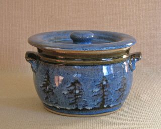 Potterybydave Casserole - Blue W/ Pine Trees Design - Flat Handles