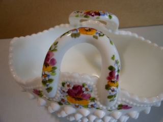 1986 Fenton Hand Painted Pansy ' s Milk Glass Hobnail Basket with Label 2