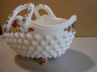 1986 Fenton Hand Painted Pansy ' s Milk Glass Hobnail Basket with Label 4