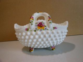 1986 Fenton Hand Painted Pansy ' s Milk Glass Hobnail Basket with Label 5