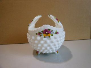 1986 Fenton Hand Painted Pansy ' s Milk Glass Hobnail Basket with Label 6