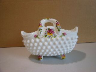 1986 Fenton Hand Painted Pansy ' s Milk Glass Hobnail Basket with Label 7