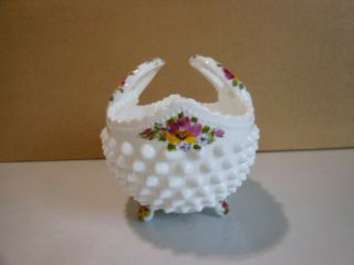 1986 Fenton Hand Painted Pansy ' s Milk Glass Hobnail Basket with Label 8