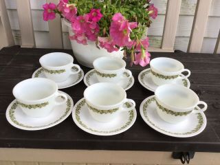 6 Vintage Pyrex Corelle Saucers & Coffee Cups Green Crazy Daisy Spring Blossom