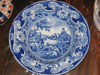 Antique Wood & Sons Blue,  White Staffordshire Large Hunt Scene Soup Bowl Euc