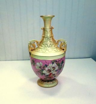 Vintage Royal Rudolstadt German Porcelain Handpainted Floral Vase Dragon Handles