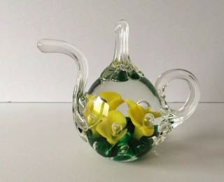 St.  Clair Art Glass Teapot Paperweight Ring Holder Yellow/green Flowers