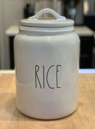 Vhtf Rae Dunn – Rice Large Canister – White Ceramic Ll Jar Pantry Container