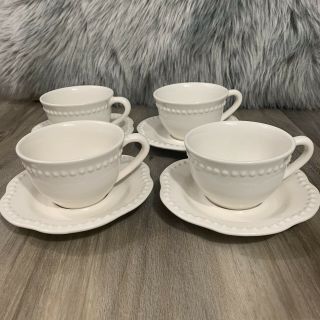 Set Of 4 Cups And Saucers By Pottery Barn Emma Pearl Dot Off White Portugal