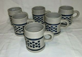 (set Of 6) Williamsburg Pottery Cobalt Checkerboard Stoneware Mugs