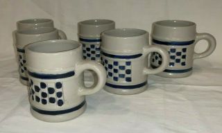 (Set of 6) Williamsburg Pottery Cobalt Checkerboard Stoneware MUGS 2