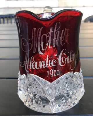 Vintage Ruby Red Cut Glass Creamer Pitcher Mother Souvenir Alantic City 1900