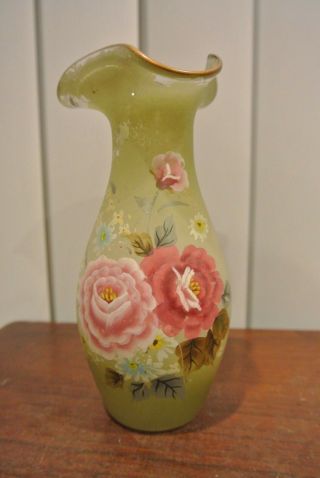 Vintage Green Glass Hand Blown And Hand Painted Roses Flower Vase