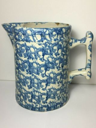 Lovely Antique Blue And White Spongeware Spatterware Stoneware Pitcher Jug