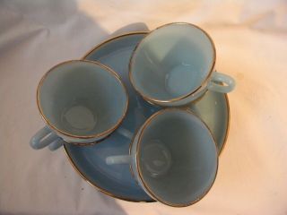 Vintage Set Of 6 Cups& 6 Luncheon Plates Blue With Gold Trim,  Oven Fire King Ware