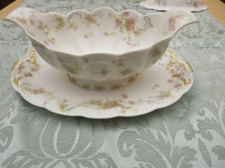 Haviland Limoges The Princess Gravy Boat Attached Plate Pink Roses Blue Scrolls