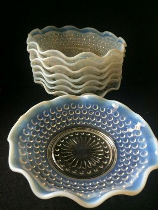 Vintage Moonstone Hobnail Set Of 8 Dishes/ Bowls Blue Opalescent