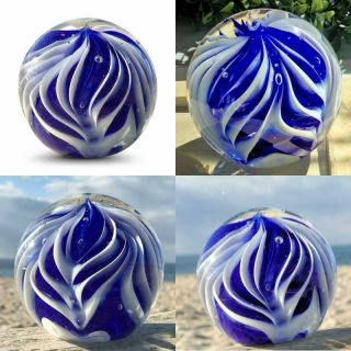 Bubble Fusion Ball Paperweight Vivid Blue Clear Hand Crafted Art Glass 3 1/4