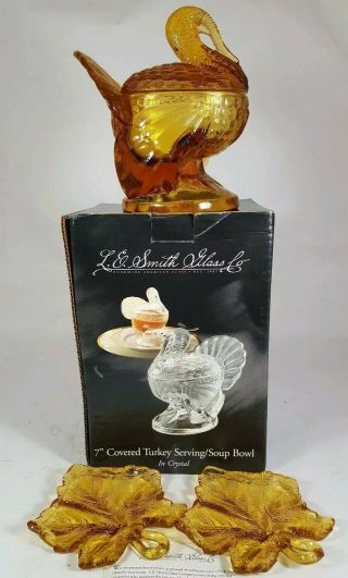 L.  E.  Smith Amber Glass Covered Thanksgiving Turkey Serving Soup Bowl Candy Dish