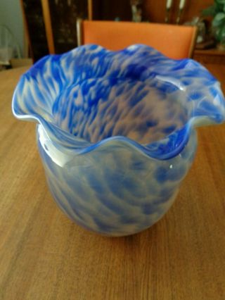 Vintage Murano Blue And White Art Glass Vase 8.  5 " With Ruffled Top