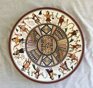 Vintage Pisac Cusco Peru Handprinted Pottery Wall Hanging Plate/charger,  11 - 1/2 "