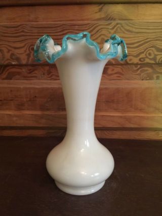 Vintage Fenton Art Glass Aqua Crest Vase Ruffled Edge
