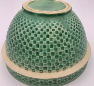 Antique Primitive Green Yelloware Pottery Stoneware Mixing Bowl Basketweave