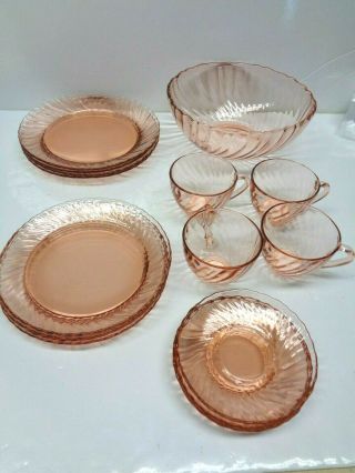 17 Vintage Arcoroc Pink Rosaline Swirl Glass Dish Set With Serving Bowl