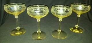 Set Of 4 Vintage Yellow Etched Depression Glass Champagne Glasses