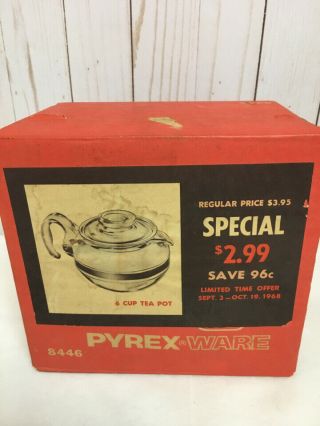 Nib Vintage Pyrex Ware 8446 Range Top 6 Cup Teapot Flameware