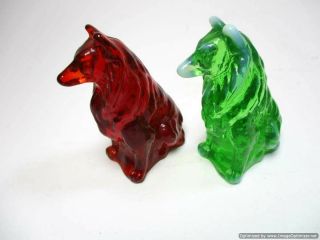 Mosser Collie / Sheltie Red & Green Glass Christmas Dog Figurine Paperweights