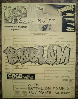Battalion Of Saints,  Bedlam,  Raw Power Rare Orig 1984 Nyhc Punk Flyer,  Cbgb 