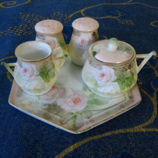 Antique Porcelain Rs Germany Tillowitz Six Piece Floral Condiment Set W/ Roses
