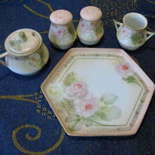 Antique Porcelain RS Germany Tillowitz Six Piece Floral Condiment Set w/ Roses 2