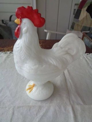 Vintage Westmoreland Milk Glass Rooster Candy Dish Hen On Nest Signed