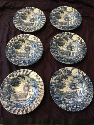The Hunter By Myott Hand Engraved Soup Plate 8 3/4 " Set Of 6 Blue White.
