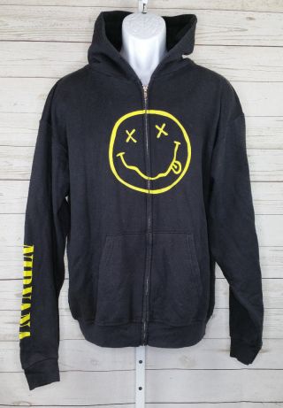 Nirvana - Vintage " Smiley Face " Black Zip Up Hoodie Size Large