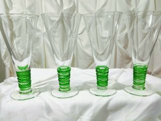 Vintage Tiffin Crystal Cordial Flute Green Threaded Glass Set Of 4 Hand Blown 7 "