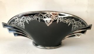 Large Art Deco Black Amethyst Glass Sterling Silver Overlay Console Bowl