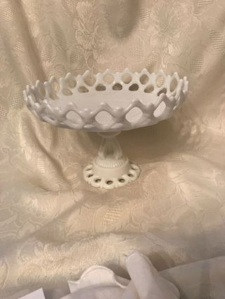 Westmoreland White Milk Glass Doric Lace Pedestal Compote Cake Plate Fruit Bowl