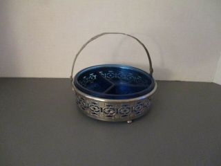 Vintage Blue Depression Glass 5 " Candy Dish 3 Divided Sections With Basket