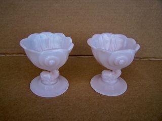 2 Vintage Cambridge Glass Crown Tuscan Dolphin Foot Candle Holders / Vases 3