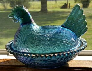 Vintage Indiana Blue Carnival Hen On Nest Candy Dish 8 " X 5 " Chicken