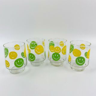 Vtg Libbey Set Of 4 Smiley Face Drinking Juice Glasses Green Yellow 1970s Hippie