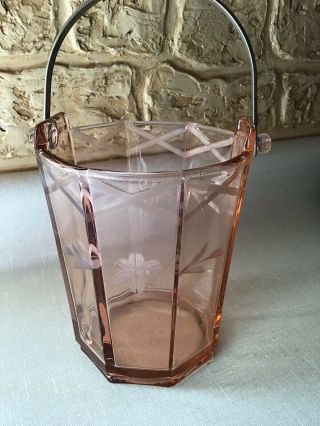 Vtg Pink Depression Glass Ice Bucket Metal Handle 8 Sided