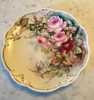 Antique Ak & D Limoges France 12 " Hand Painted Roses Charger - Platter Plate