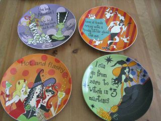 Set Of 4 American Atelier Delish Girls With Attitude Appetizer Plates Halloween