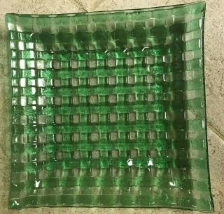 Vintage 8 " Square Green And Clear Glass Woven Dish