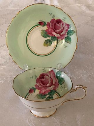 Green Paragon China Cup And Saucer Double Warrant Large Pink Cabbage Rose